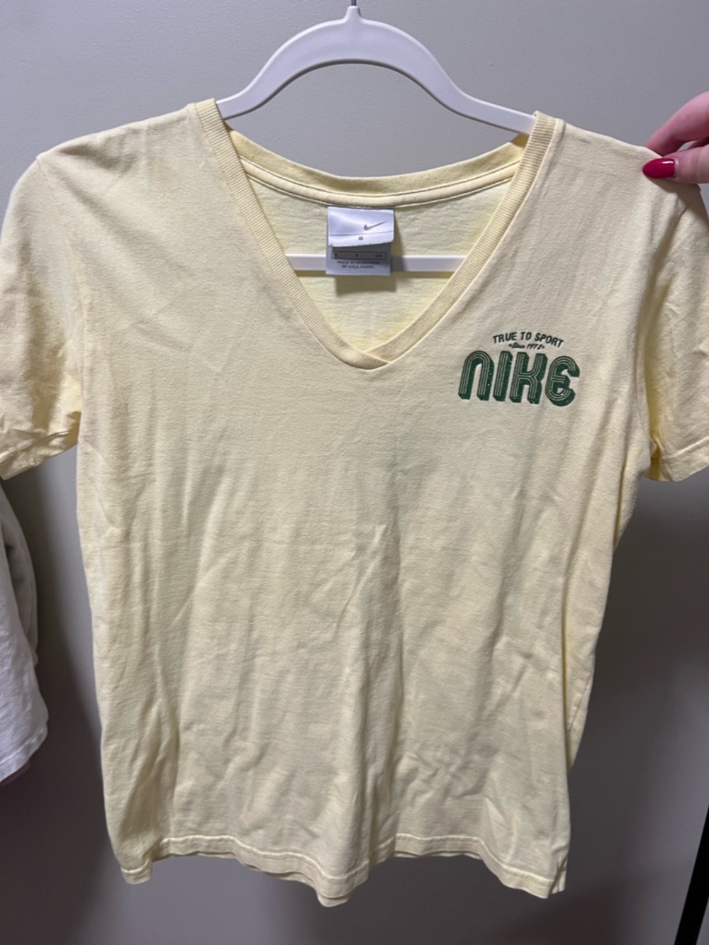 Nike Y2K Pale Yellow V-Neck Tee with Green Chest Logo